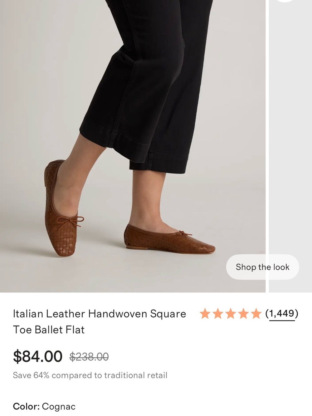 Italian Leather Handwoven Square Toe Ballet Flat - Cognac